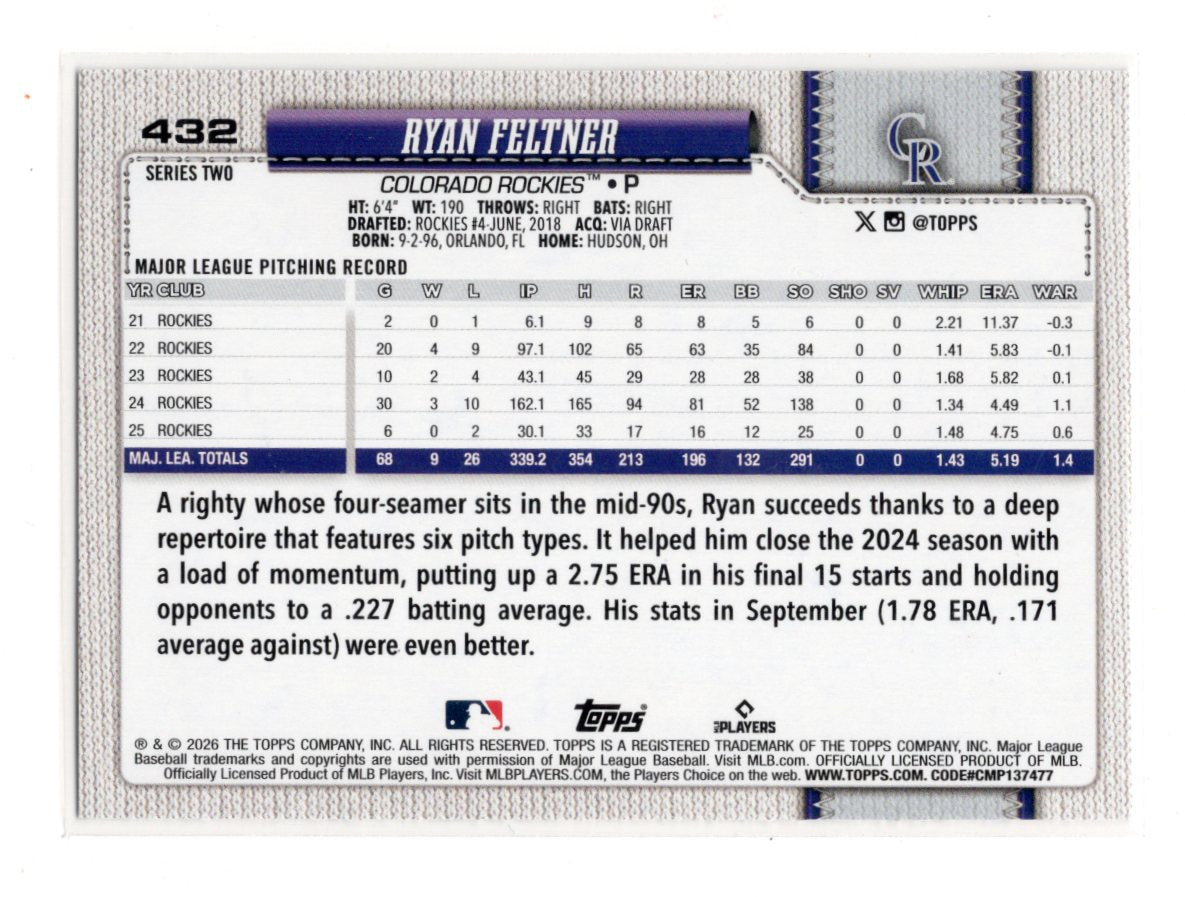 2026 Topps Series 2 Ryan Feltner #432 All Star Game Parallel Colorado Rockies