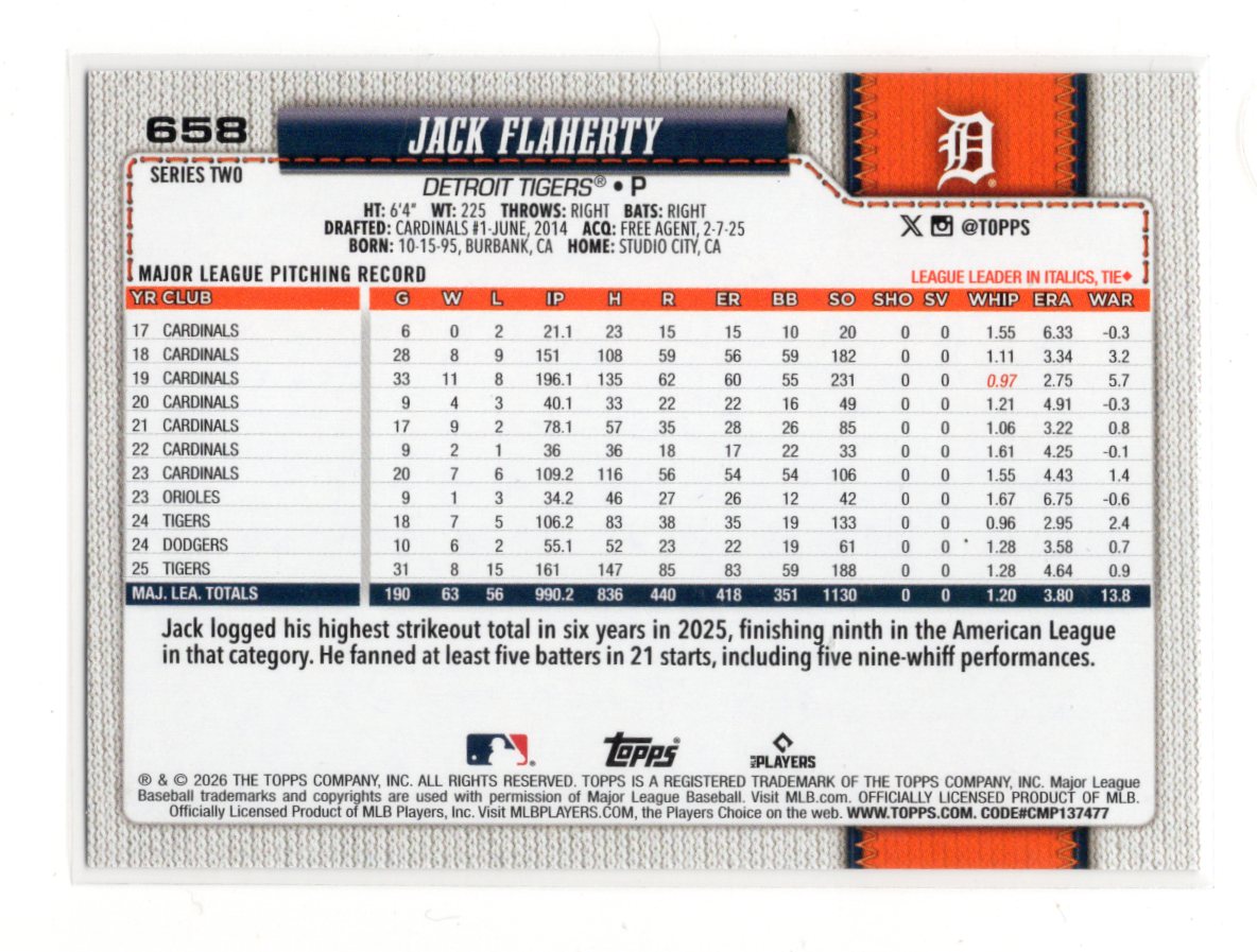 2026 Topps Jack Flaherty Card Topps Foil Pattern Detroit Tigers #658