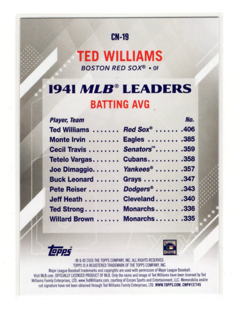 2026 Topps Ted Williams Card Crooked Numbers Boston Red Sox #CN-19