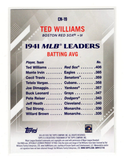 2026 Topps Ted Williams Card Crooked Numbers Boston Red Sox #CN-19