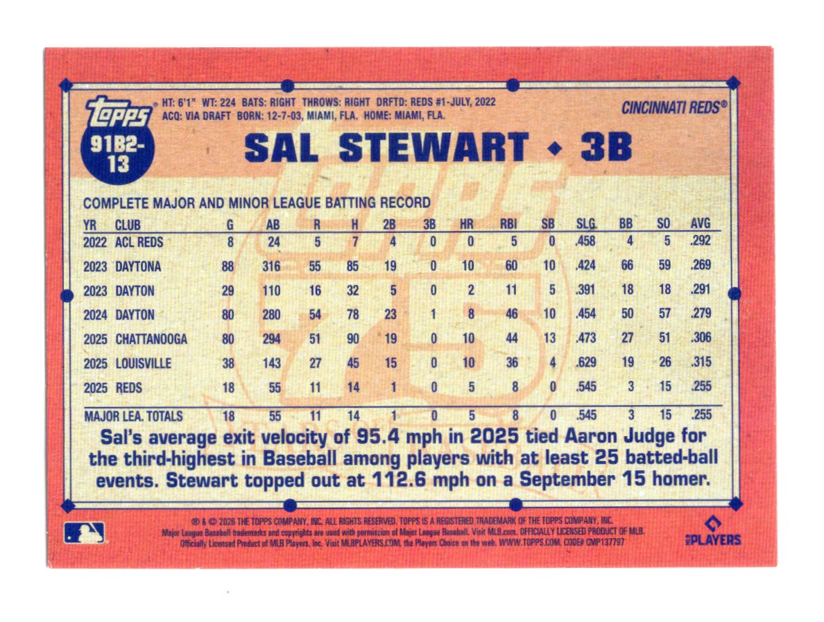 2026 Topps Sal Stewart Card 1991 Topps Baseball 35th Anniversary Series 2