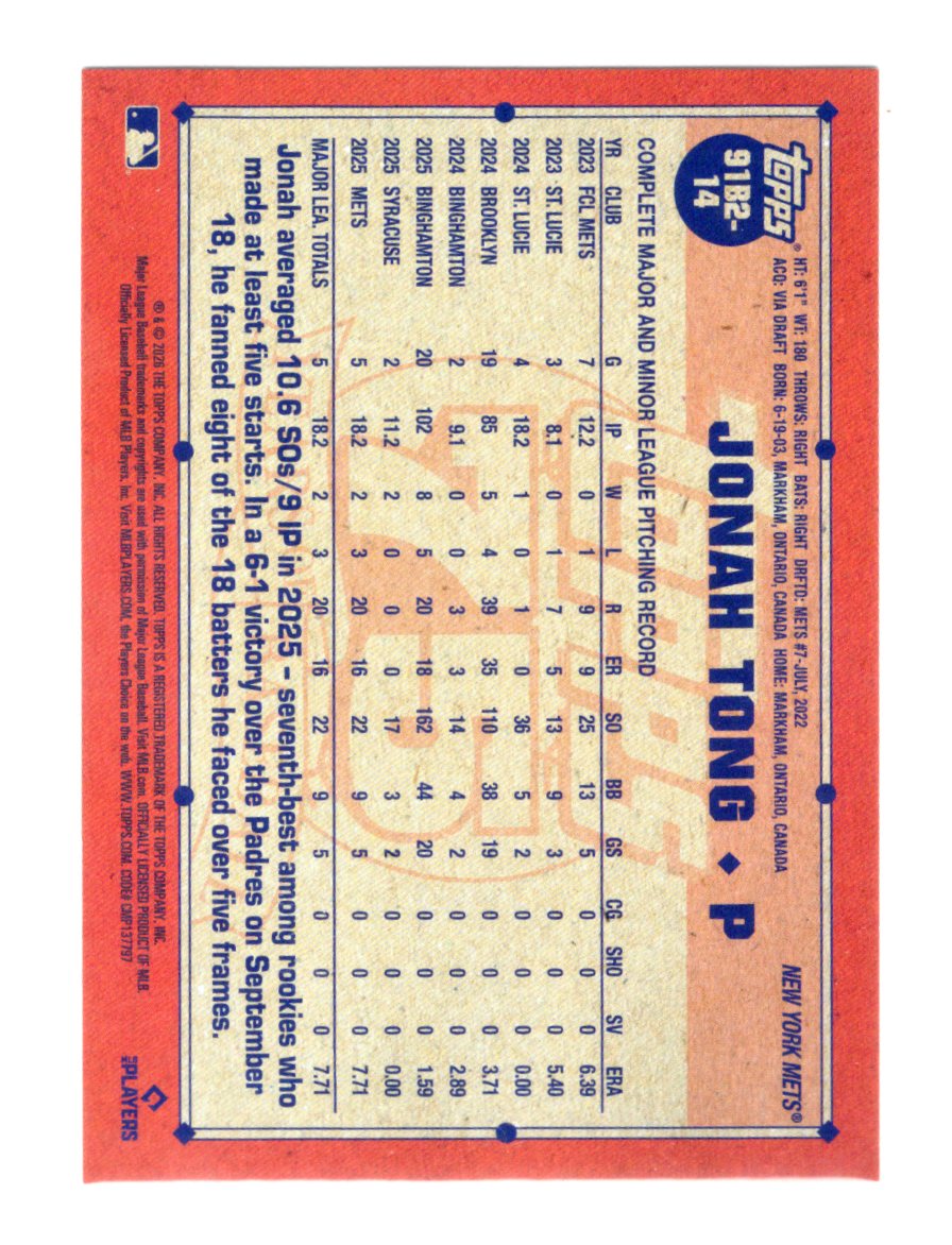 2026 Topps Series 2 Jonah Tong RC #91B2-14 1991 Crackle Foil Parallel Mets P