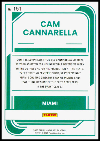 2026 Donruss Cam Cannarella Card Red and Blue Miami Marlins #151