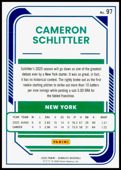 2026 Donruss Cameron Schlittler Card Red and Blue Rookie New York Yankees #97