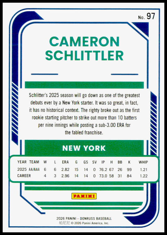 2026 Donruss Cameron Schlittler Card Red and Blue Rookie New York Yankees #97