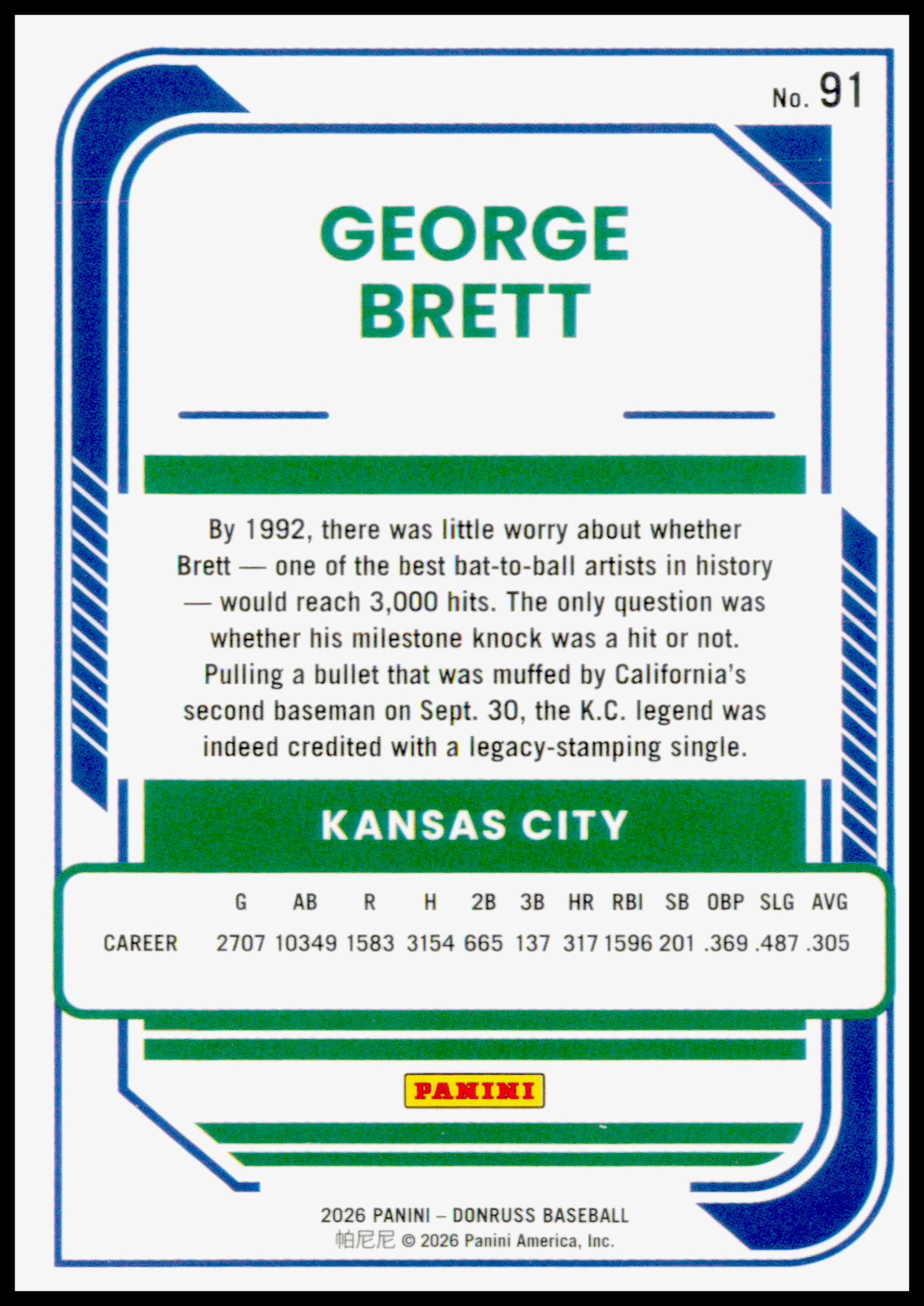 2026 Donruss George Brett Card Optic Kansas City Royals #91