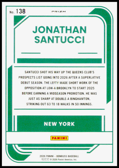 2026 Donruss Jonathan Santucci Card Optic Blue Velocity New York Mets #138