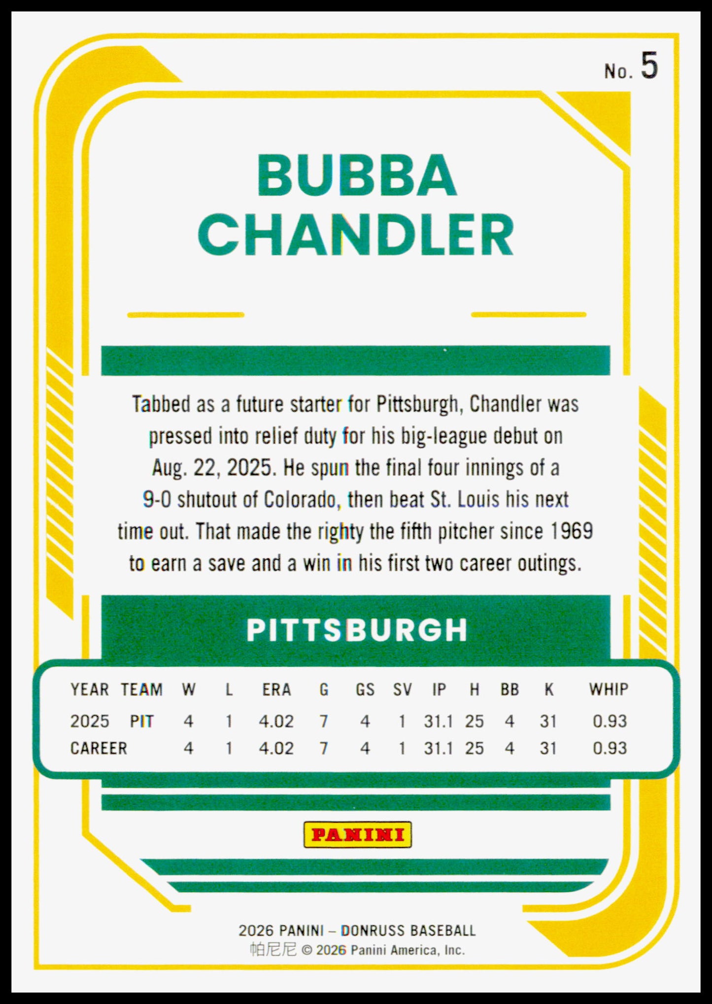 2026 Donruss Bubba Chandler Card Liberty Rookie Pittsburgh Pirates #5