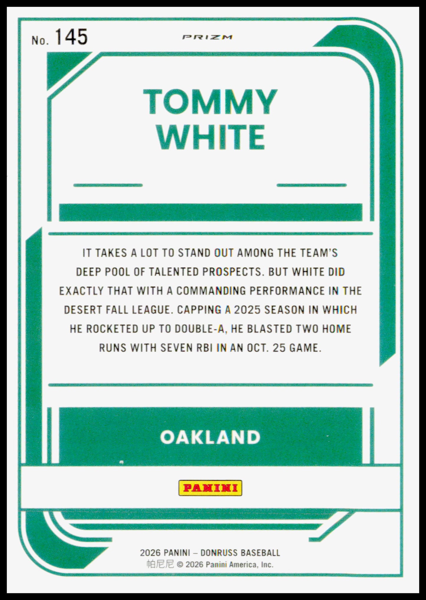 2026 Donruss Tommy White Card Optic Blue Velocity Athletics #145