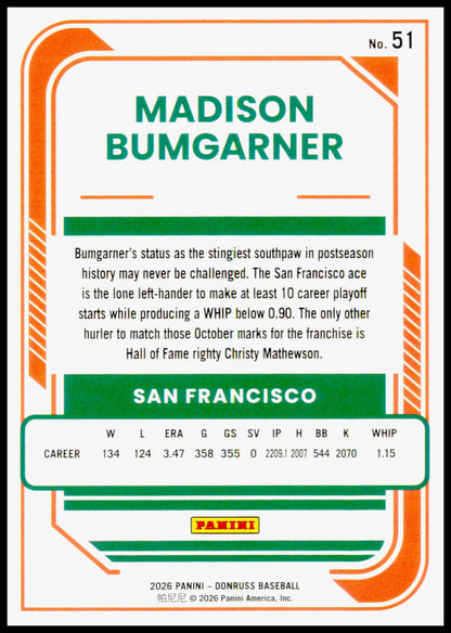 2026 Donruss Madison Bumgarner Card Red and Blue San Francisco Giants #51