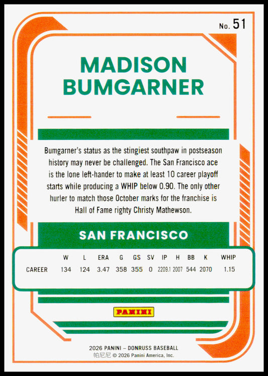 2026 Donruss Madison Bumgarner Card Red and Blue San Francisco Giants #51