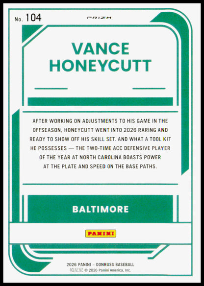2026 Donruss Vance Honeycutt Card Optic Blue Velocity Baltimore Orioles #104