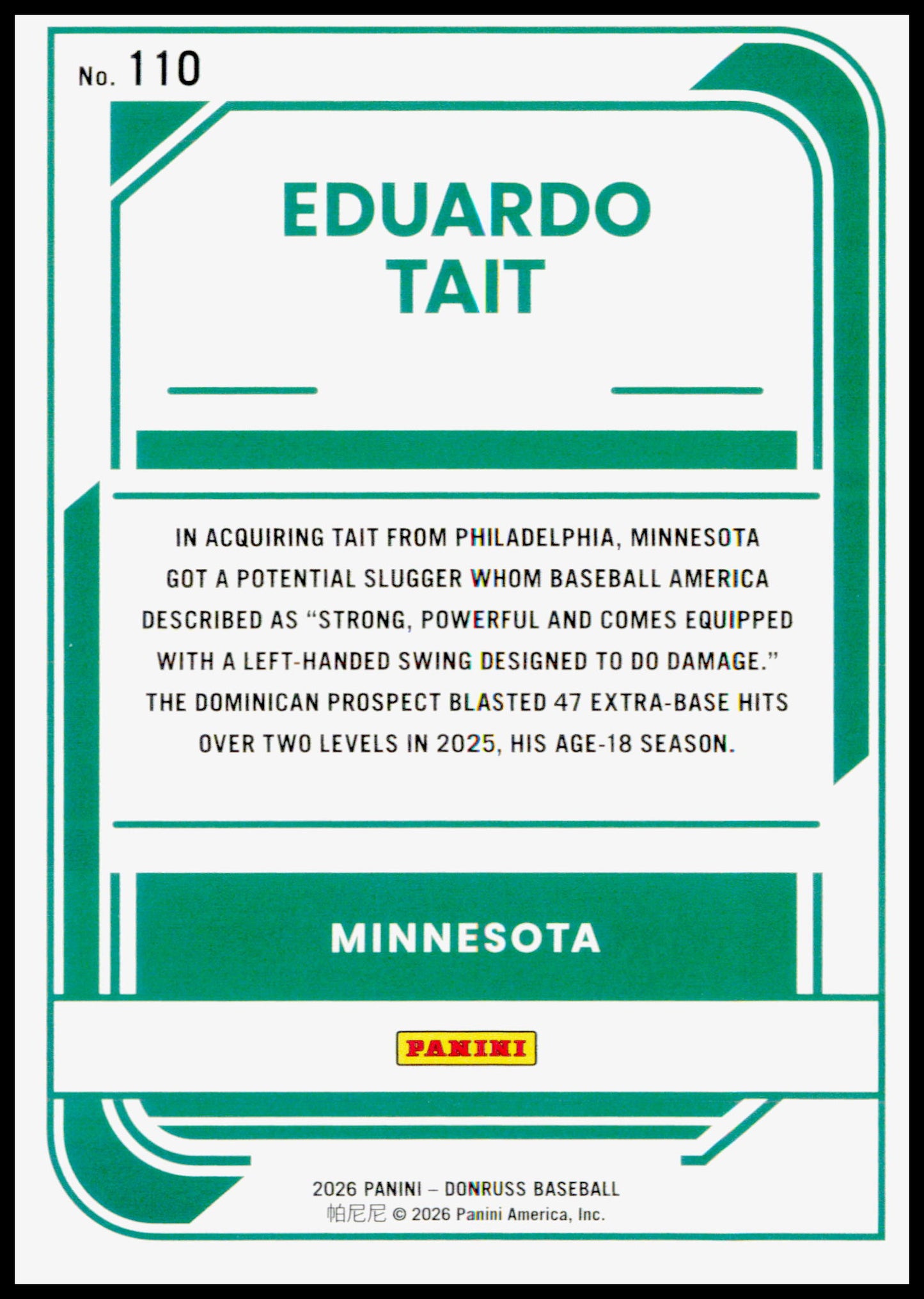 2026 Donruss Eduardo Tait Card Liberty Minnesota Twins #110