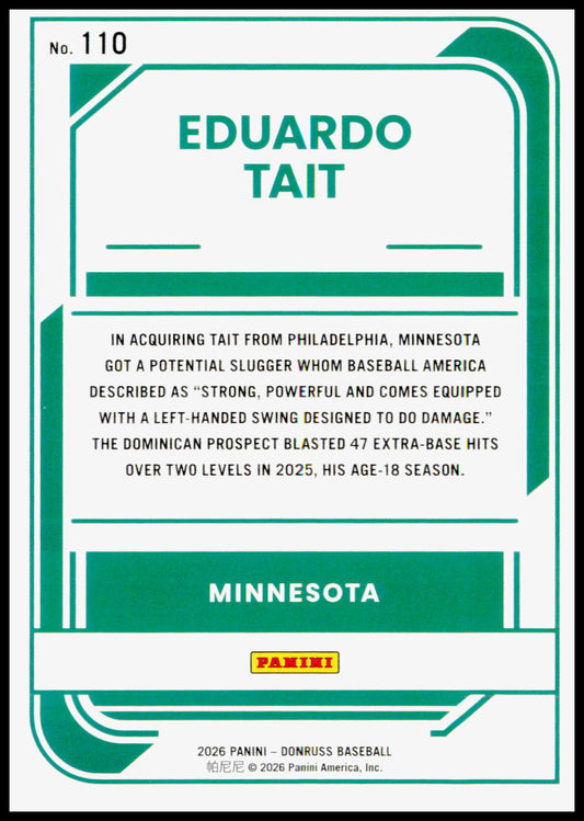2026 Donruss Eduardo Tait Card Liberty Minnesota Twins #110