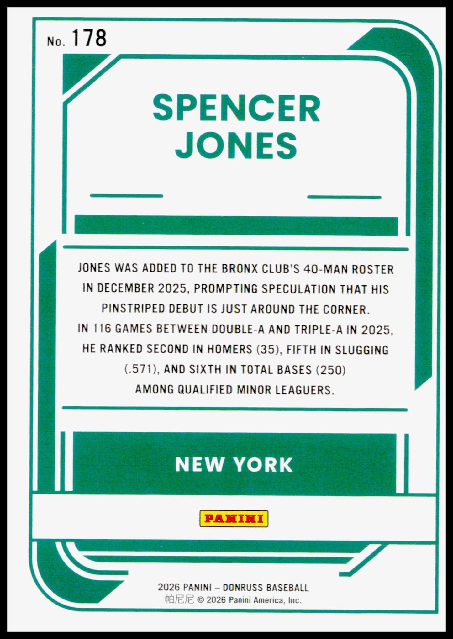 2026 Donruss Spencer Jones Card New York Yankees #178