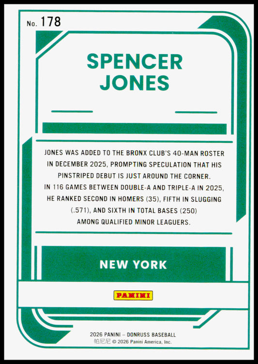 2026 Donruss Spencer Jones Card New York Yankees #178