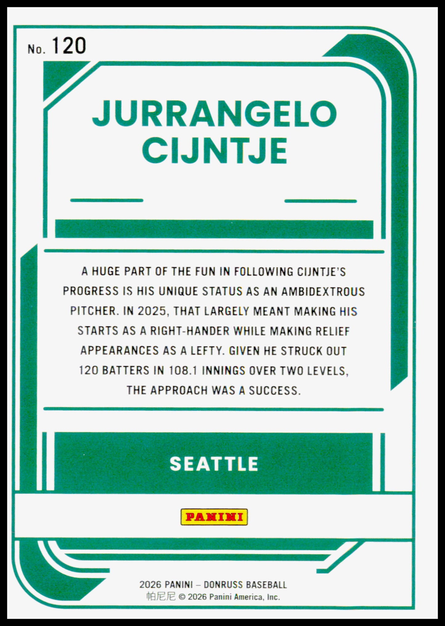 2026 Donruss Jurrangelo Cijntje Card Seattle Mariners #120