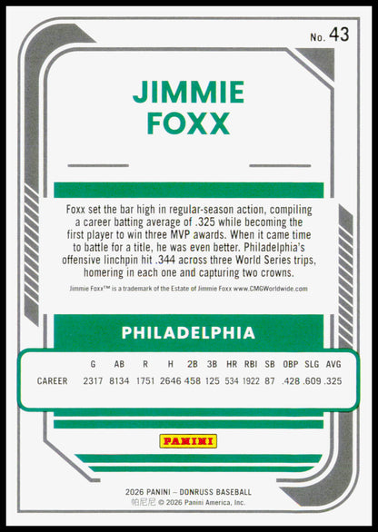 2026 Donruss Jimmie Foxx Card Philadelphia Athletics #43