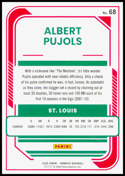 2026 Donruss Albert Pujols Card St. Louis Cardinals #68