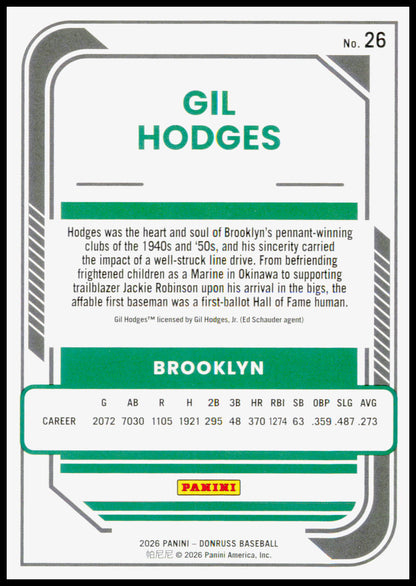 2026 Donruss Gil Hodges Card Brooklyn Dodgers #26