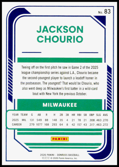 2026 Donruss Jackson Chourio Card Milwaukee Brewers #83
