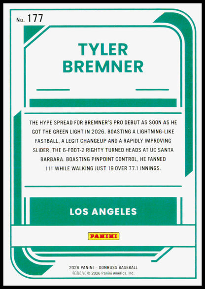 2026 Donruss Tyler Bremner Card Liberty Los Angeles Angels #177
