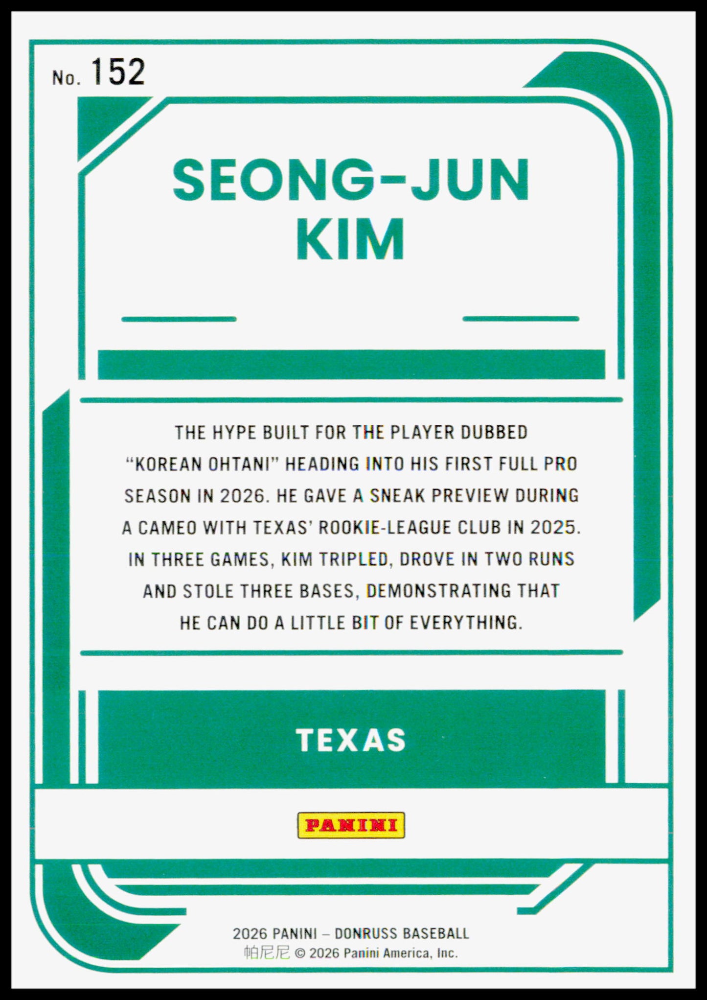 2026 Donruss Seong-Jun Kim Card Liberty Texas Rangers #152