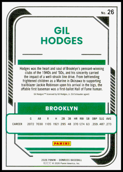 2026 Donruss Gil Hodges Card Red and Blue Brooklyn Dodgers #26
