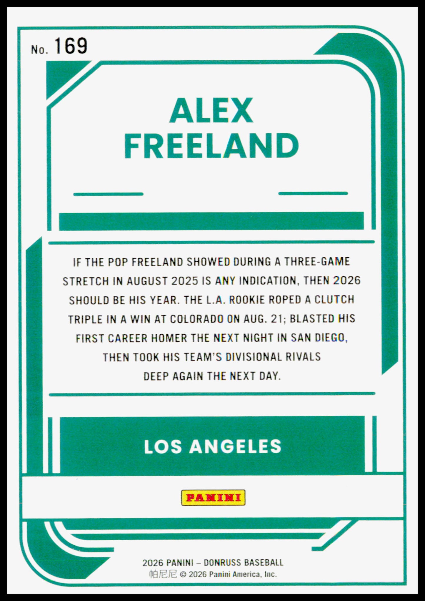 2026 Donruss Alex Freeland Card Liberty Rookie Los Angeles Dodgers #169