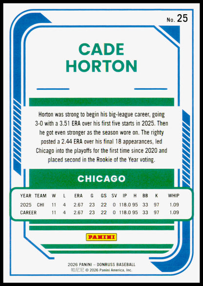 2026 Donruss Cade Horton Card Red and Blue Chicago Cubs #25