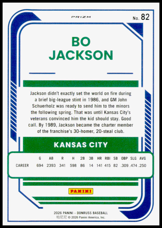 2026 Donruss Bo Jackson Card Optic Blue Velocity Kansas City Royals #82