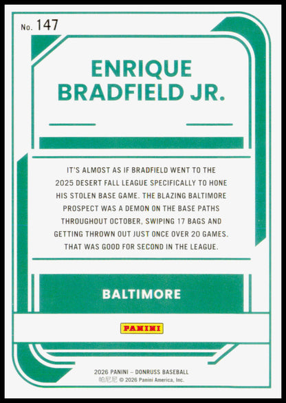 2026 Donruss Enrique Bradfield Jr. Card Optic Baltimore Orioles #147