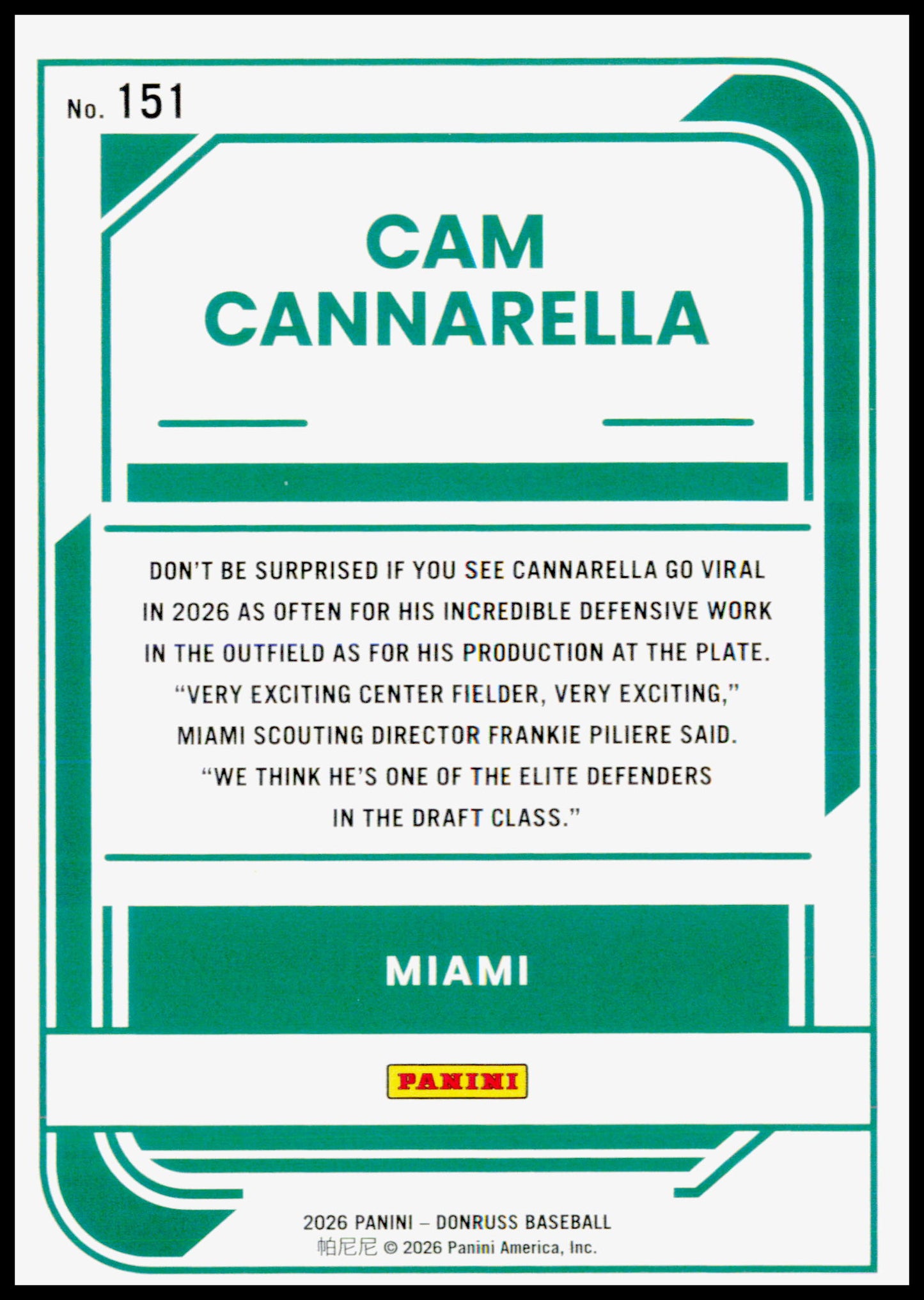 2026 Donruss Cam Cannarella Card Liberty Miami Marlins #151