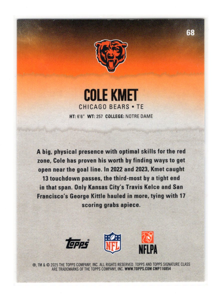 2025 Topps Signature Class Cole Kmet Card Blue & Yellow Chicago Bears #68