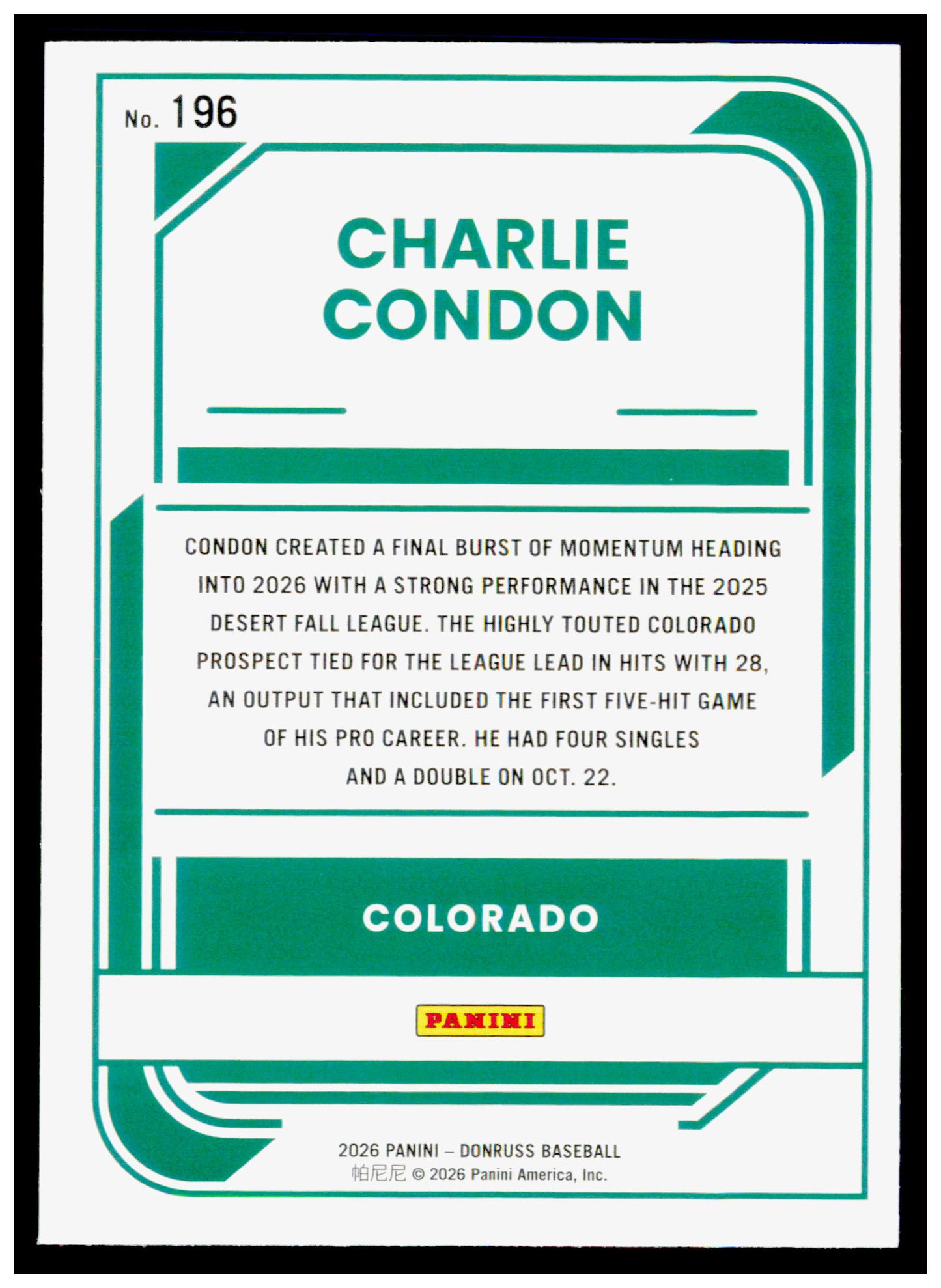 2026 Donruss Charlie Condon Card Colorado Rockies #196