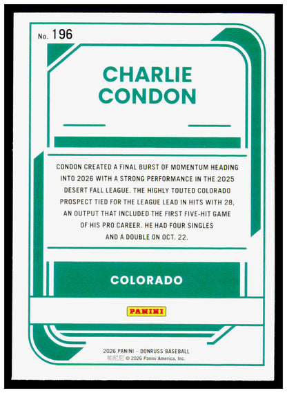 2026 Donruss Charlie Condon Card Colorado Rockies #196