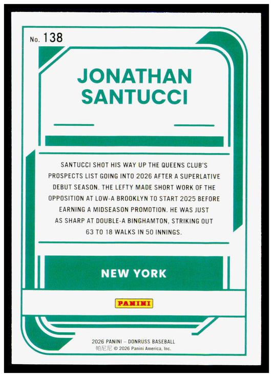 2026 Donruss Jonathan Santucci Card New York Mets #138