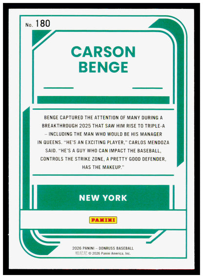 2026 Donruss Carson Benge Card New York Mets #180