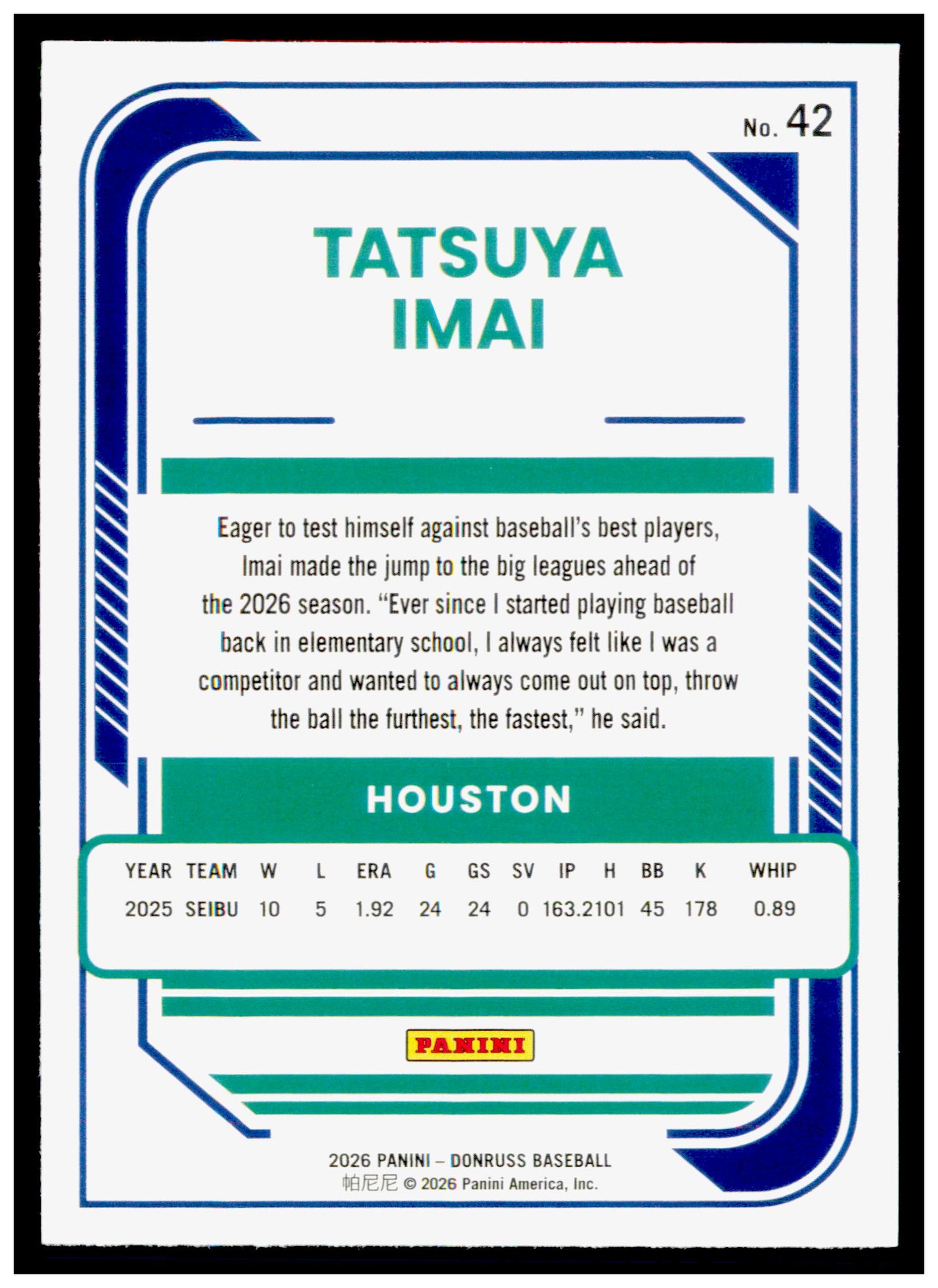 2026 Donruss Tatsuya Imai Card Rookie Houston Astros #42