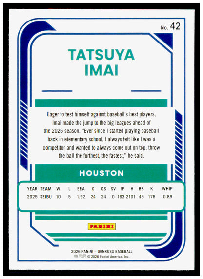 2026 Donruss Tatsuya Imai Card Rookie Houston Astros #42