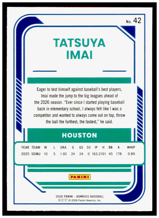 2026 Donruss Tatsuya Imai Card Rookie Houston Astros #42