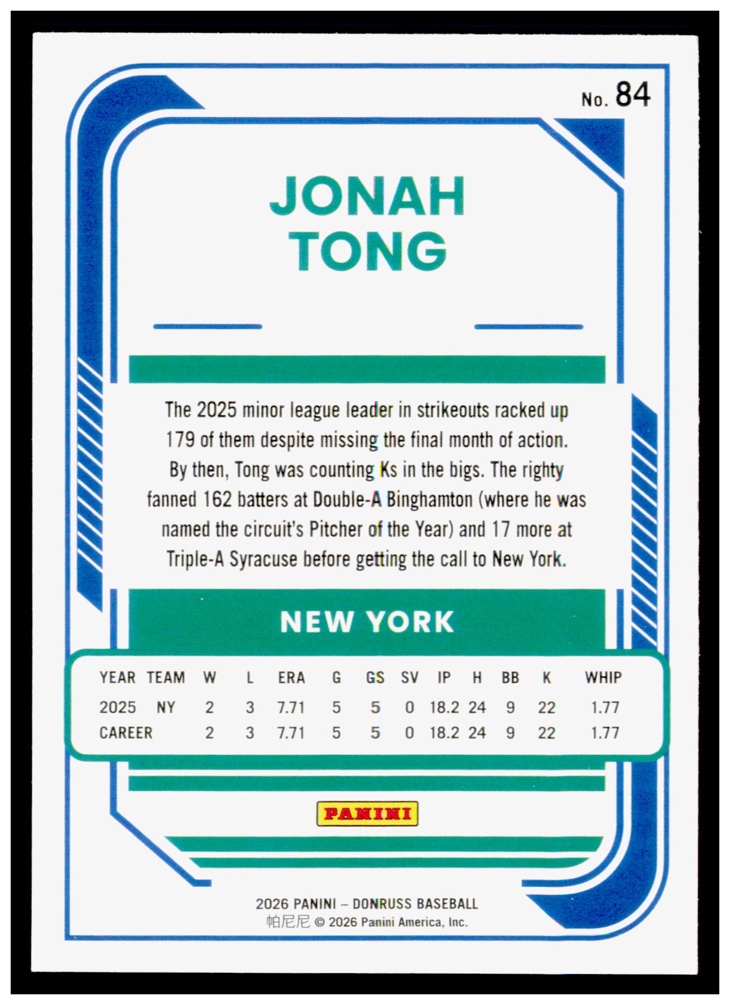 2026 Donruss Jonah Tong Card Rookie New York Mets #84