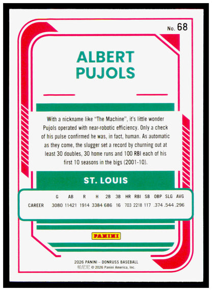 2026 Donruss Albert Pujols Card St. Louis Cardinals #68