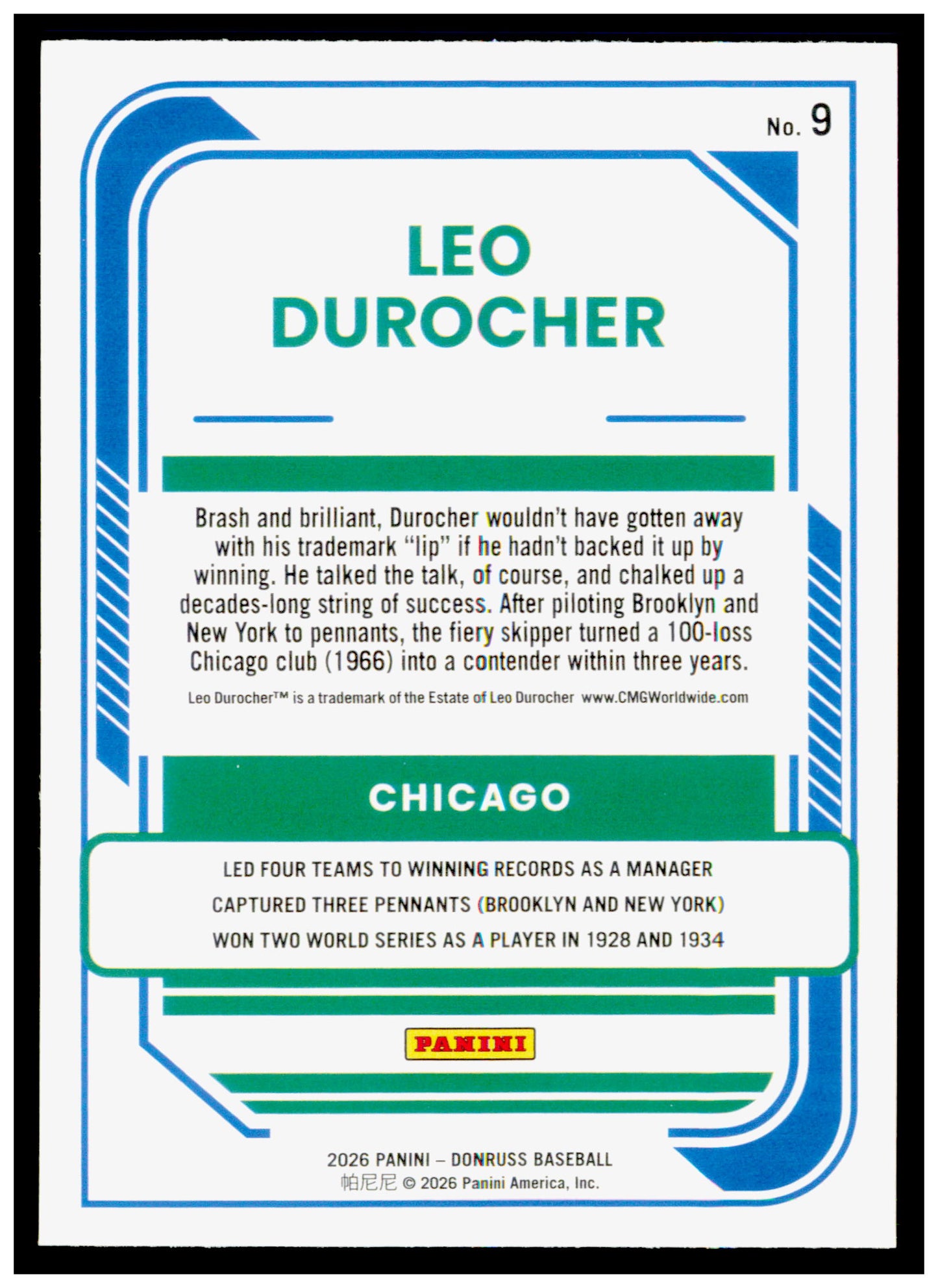 2026 Donruss Leo Durocher Card Chicago Cubs #9