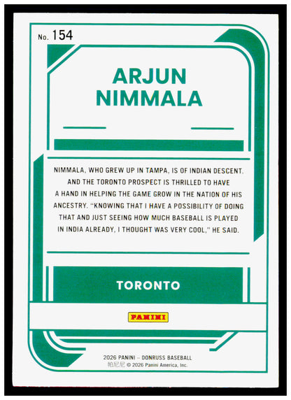 2026 Donruss Arjun Nimmala Card Toronto Blue Jays #154