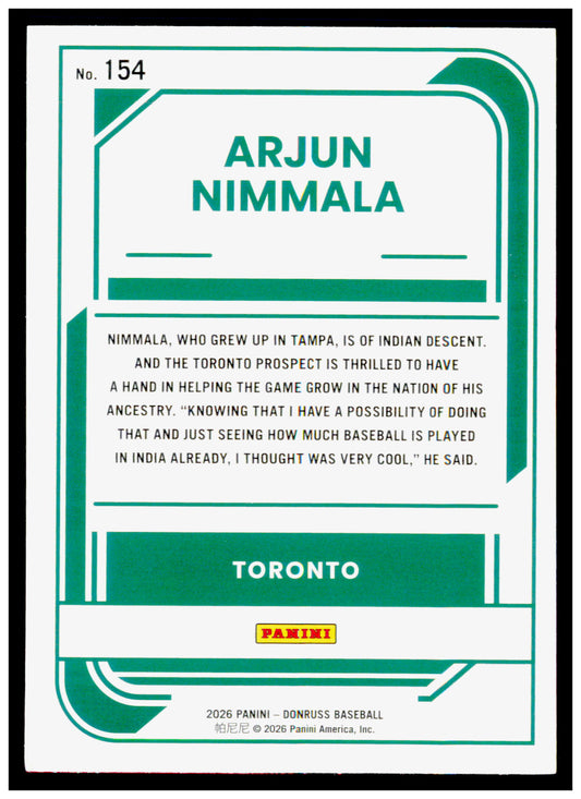 2026 Donruss Arjun Nimmala Card Toronto Blue Jays #154
