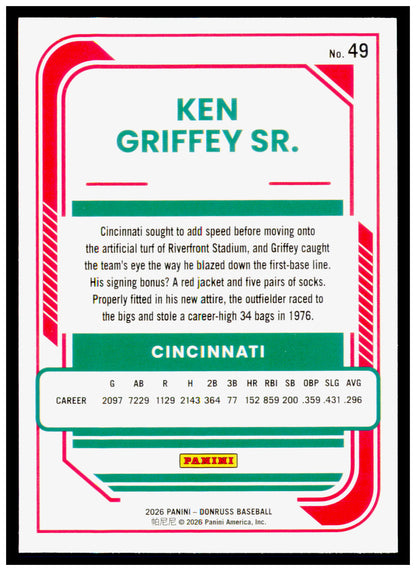 2026 Donruss Ken Griffey Sr. Card Cincinnati Reds #49