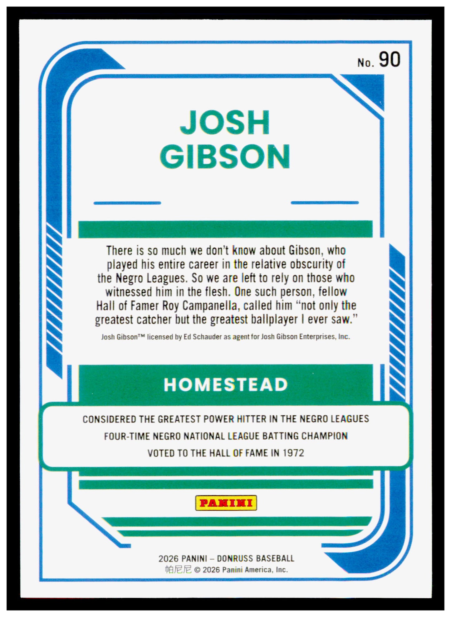 2026 Donruss Josh Gibson Card Homestead Grays #90