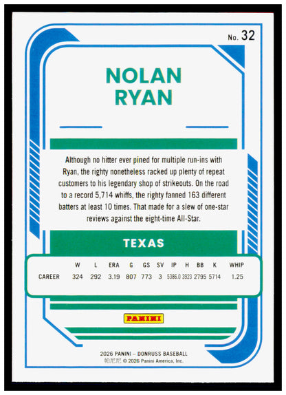 2026 Donruss Nolan Ryan Card Texas Rangers #32