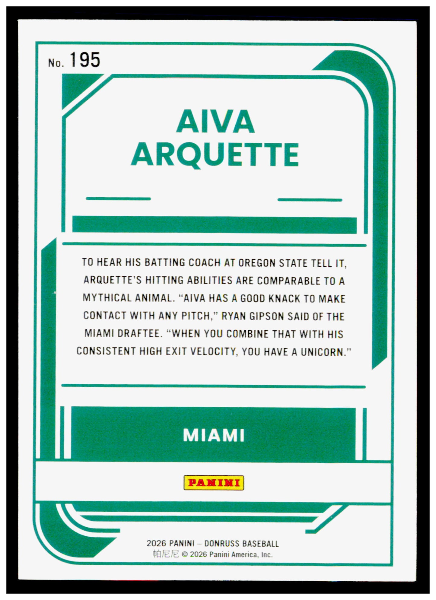 2026 Donruss Aiva Arquette Card Miami Marlins #195